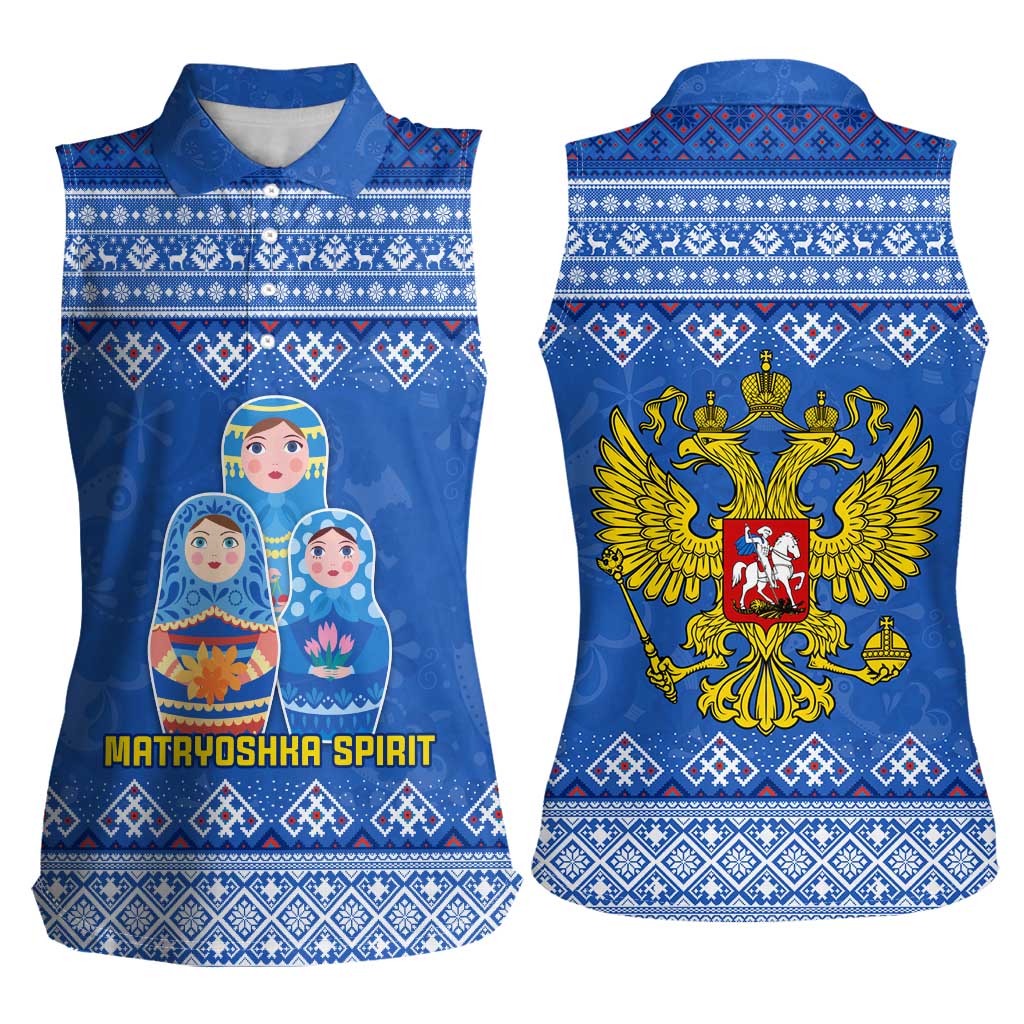 Russia Matryoshka Spirit Women Sleeveless Polo Shirt with Folk Pattern and Double-Headed Eagle Emblem