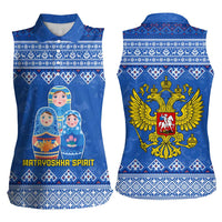 Russia Matryoshka Spirit Women Sleeveless Polo Shirt with Folk Pattern and Double-Headed Eagle Emblem