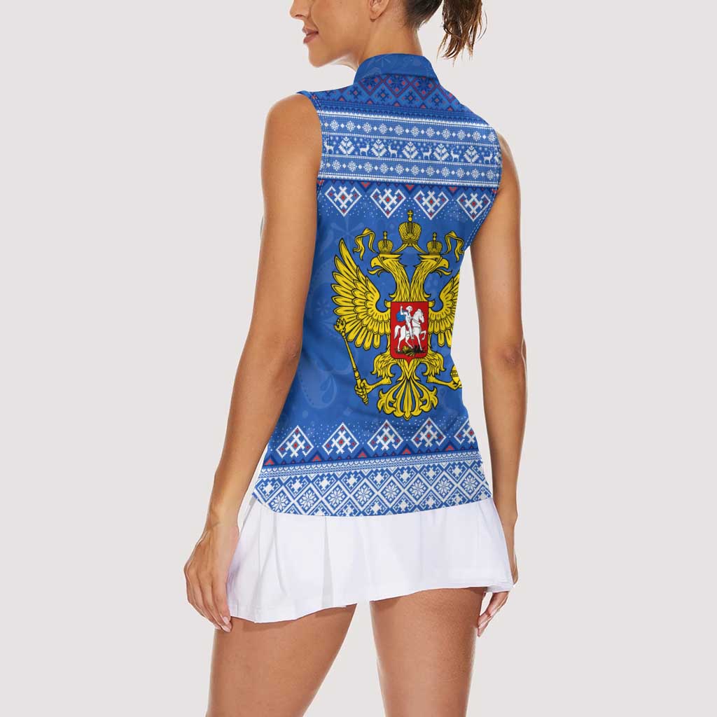 Russia Matryoshka Spirit Women Sleeveless Polo Shirt with Folk Pattern and Double-Headed Eagle Emblem