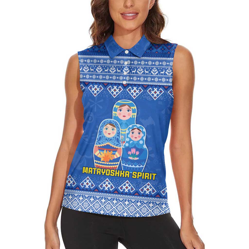 Russia Matryoshka Spirit Women Sleeveless Polo Shirt with Folk Pattern and Double-Headed Eagle Emblem