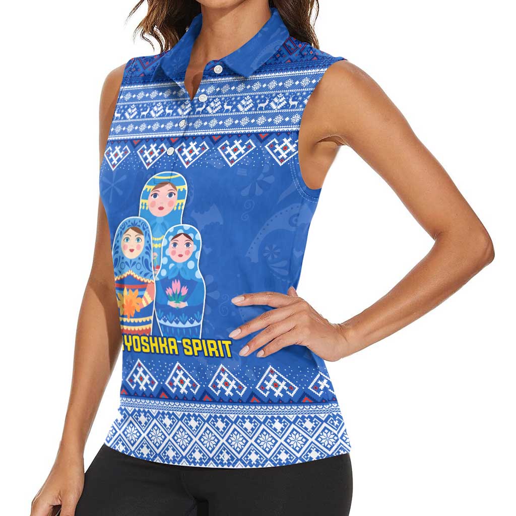 Russia Matryoshka Spirit Women Sleeveless Polo Shirt with Folk Pattern and Double-Headed Eagle Emblem