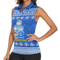 Russia Matryoshka Spirit Women Sleeveless Polo Shirt with Folk Pattern and Double-Headed Eagle Emblem
