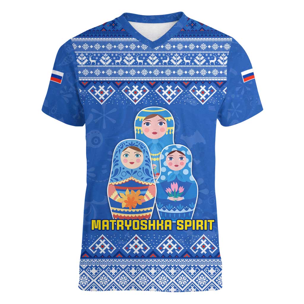 Russia Matryoshka Spirit Women V-Neck T-Shirt with Folk Pattern and Double-Headed Eagle Emblem
