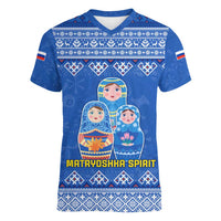 Russia Matryoshka Spirit Women V-Neck T-Shirt with Folk Pattern and Double-Headed Eagle Emblem