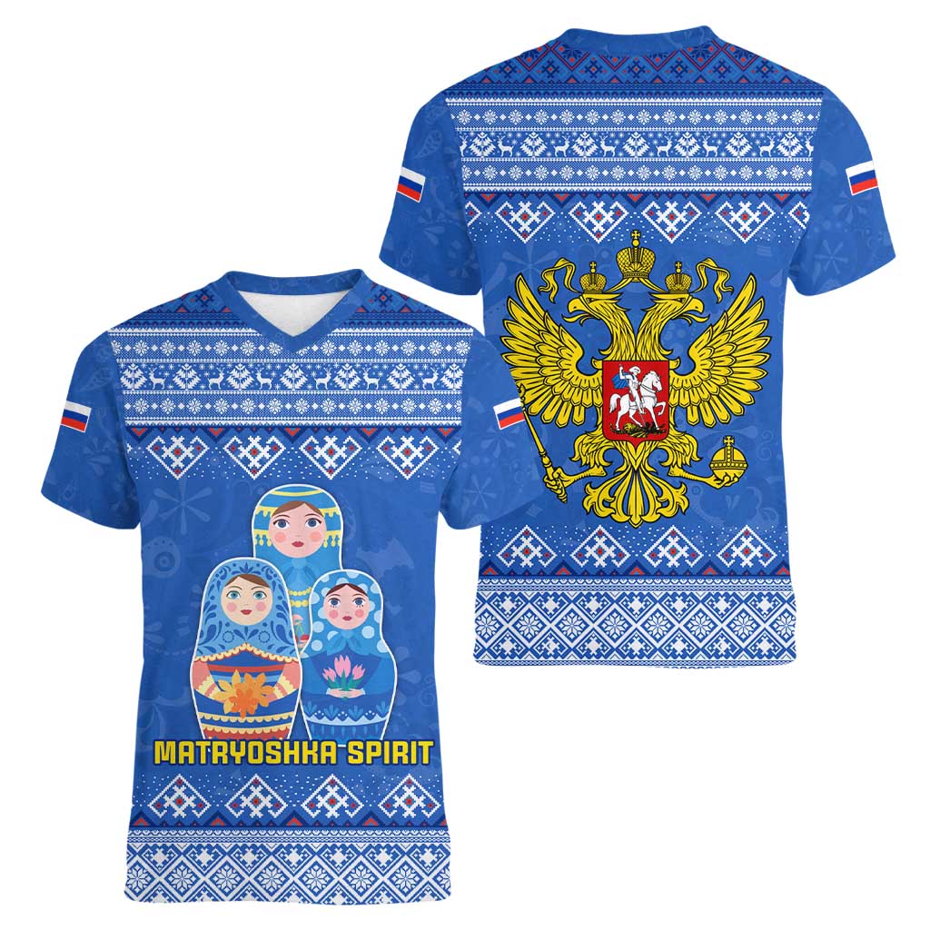 Russia Matryoshka Spirit Women V-Neck T-Shirt with Folk Pattern and Double-Headed Eagle Emblem