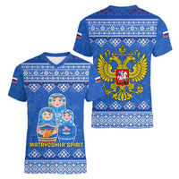 Russia Matryoshka Spirit Women V-Neck T-Shirt with Folk Pattern and Double-Headed Eagle Emblem