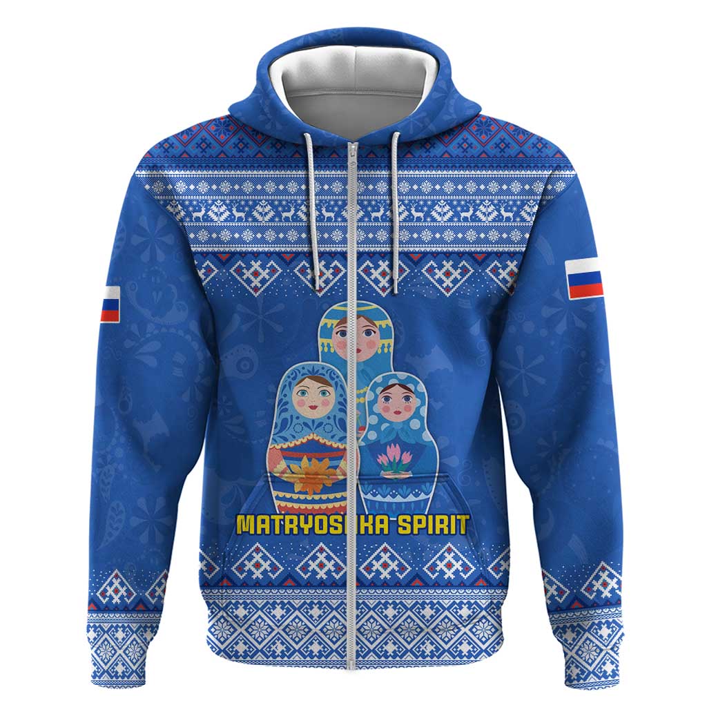 Russia Matryoshka Spirit Zip Hoodie with Folk Pattern and Double-Headed Eagle Emblem