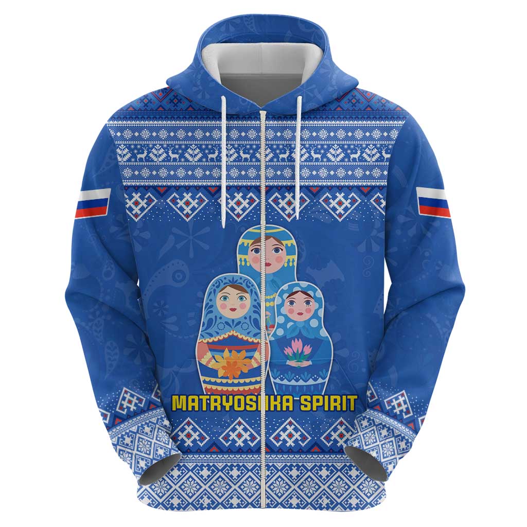 Russia Matryoshka Spirit Zip Hoodie with Folk Pattern and Double-Headed Eagle Emblem