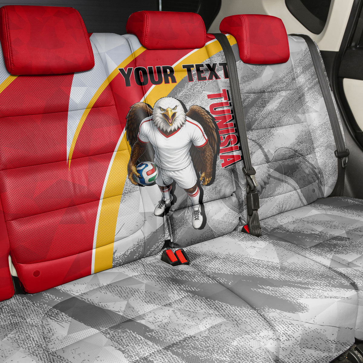 Personalized Tunisia Soccer Carthage Eagles Mascot Back Car Seat Cover Red And White Abstract Geometric Football Concept
