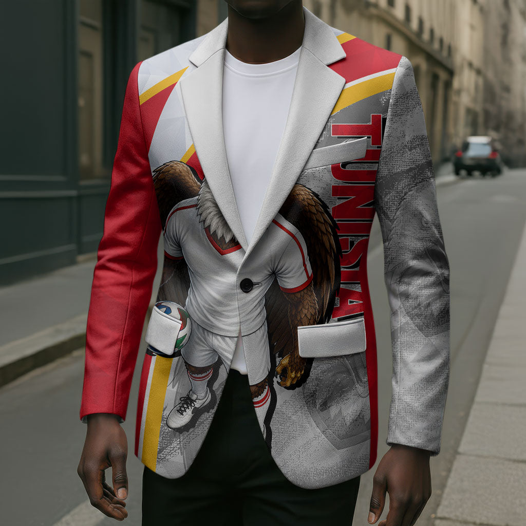 Personalized Tunisia Soccer Carthage Eagles Mascot Blazer Red And White Abstract Geometric Football Concept
