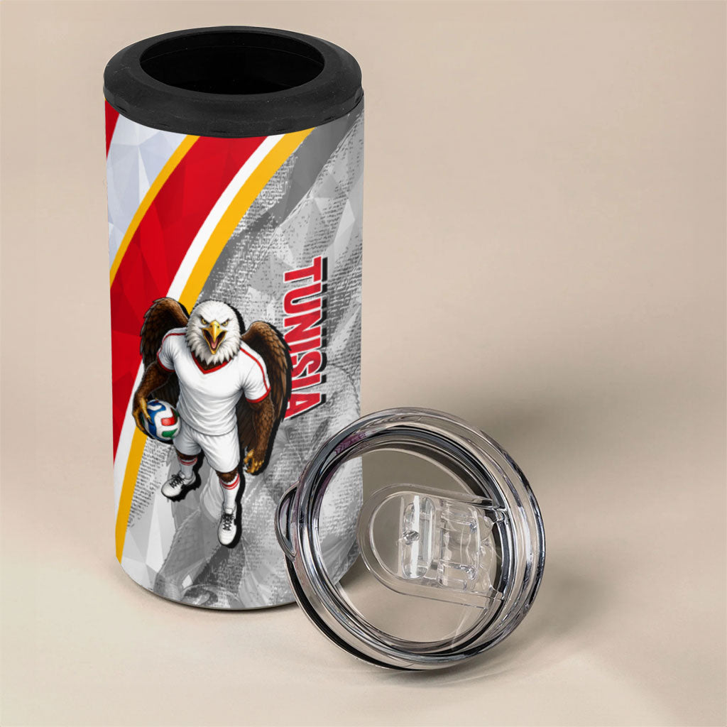 Personalized Tunisia Soccer Carthage Eagles Mascot 4 in 1 Can Cooler Tumbler Red And White Abstract Geometric Football Concept