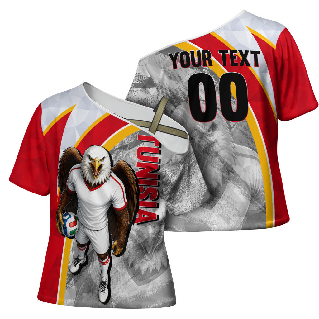 Personalized Tunisia Soccer Carthage Eagles Mascot Cross Shoulder Shirt Red And White Abstract Geometric Football Concept