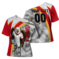 Personalized Tunisia Soccer Carthage Eagles Mascot Cross Shoulder Shirt Red And White Abstract Geometric Football Concept