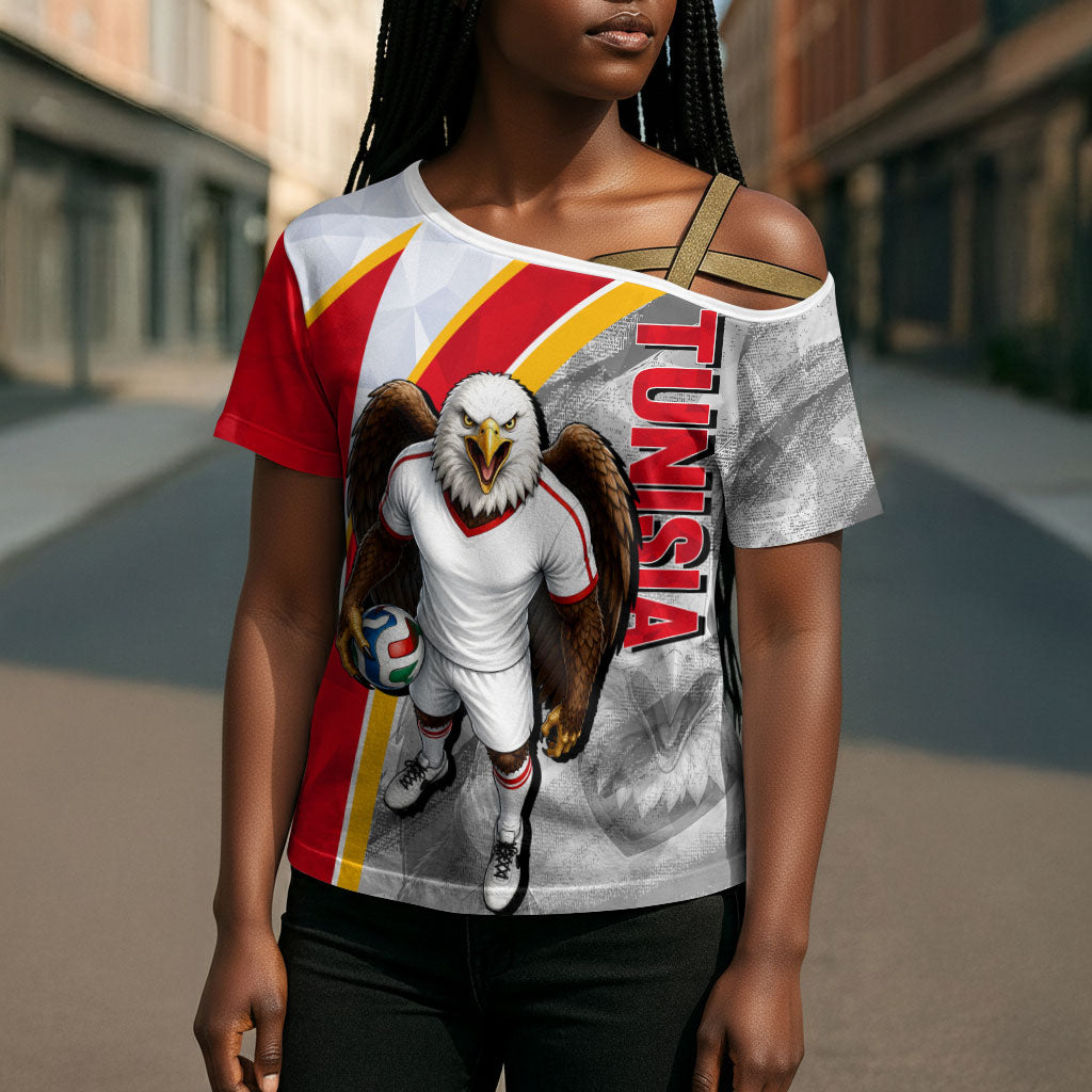 Personalized Tunisia Soccer Carthage Eagles Mascot Cross Shoulder Shirt Red And White Abstract Geometric Football Concept