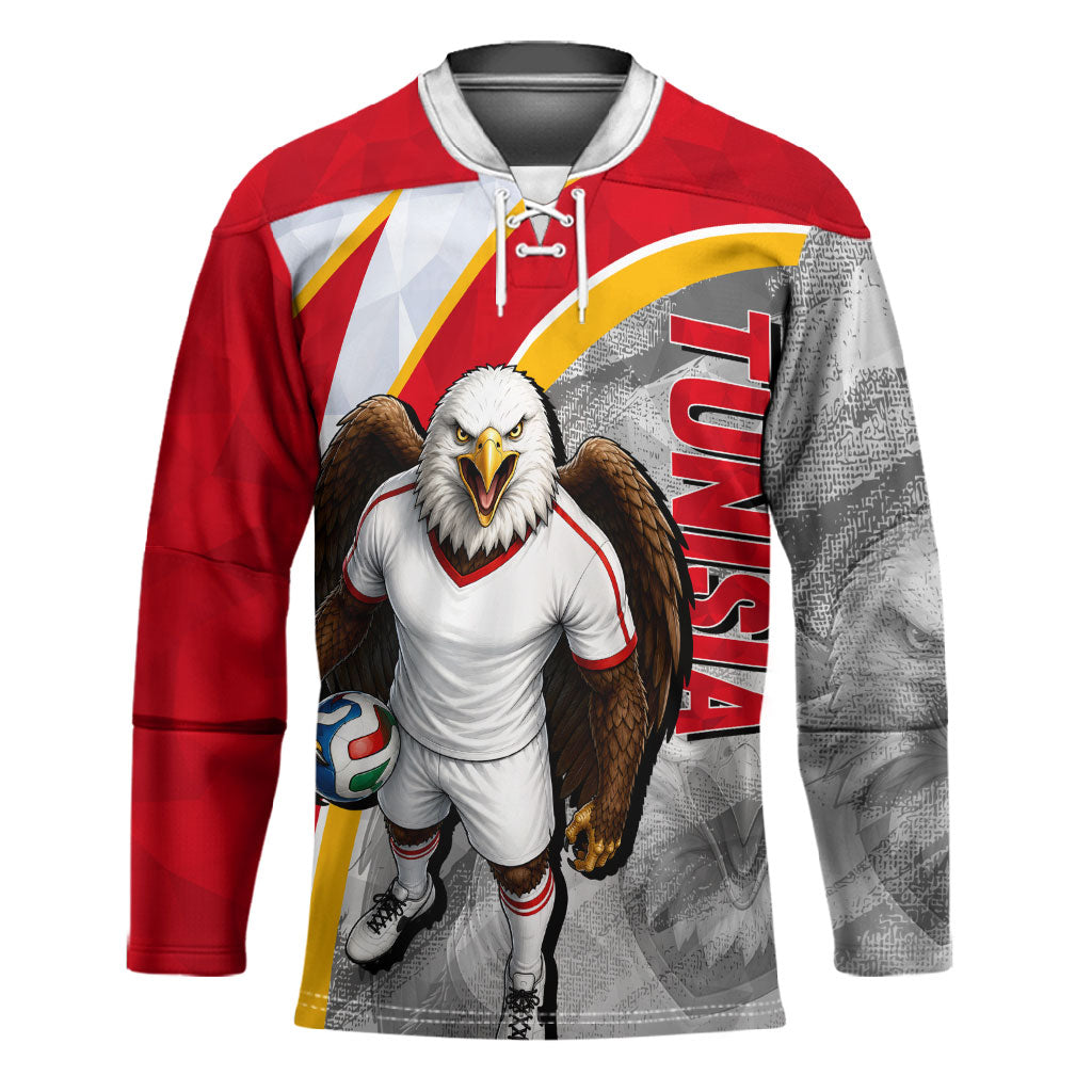 Personalized Tunisia Soccer Carthage Eagles Mascot Hockey Jersey Red And White Abstract Geometric Football Concept
