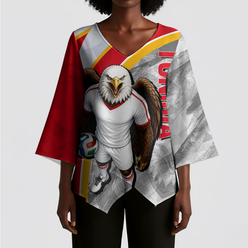 Personalized Tunisia Soccer Carthage Eagles Mascot Kimono Sleeve Blouse Red And White Abstract Geometric Football Concept