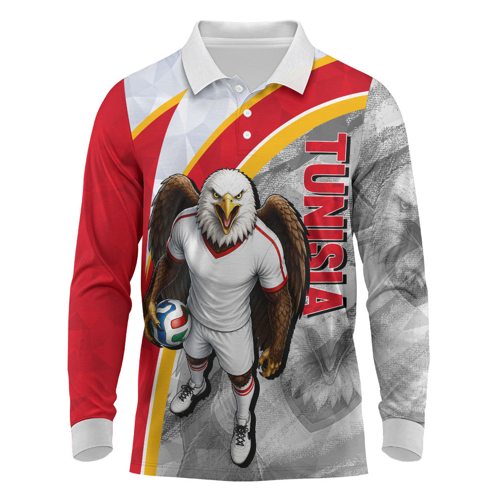 Personalized Tunisia Soccer Carthage Eagles Mascot Long Sleeve Polo Shirt Red And White Abstract Geometric Football Concept