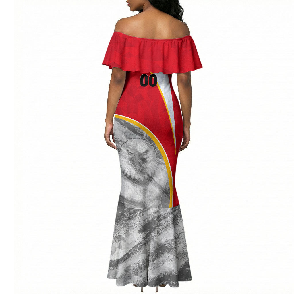 Personalized Tunisia Soccer Carthage Eagles Mascot Mermaid Dress Red And White Abstract Geometric Football Concept