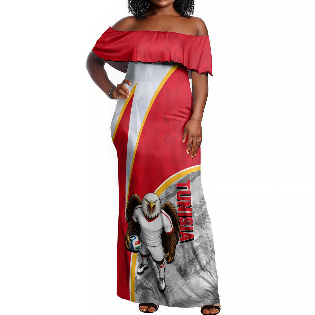 Personalized Tunisia Soccer Carthage Eagles Mascot Off Shoulder Maxi Dress Red And White Abstract Geometric Football Concept