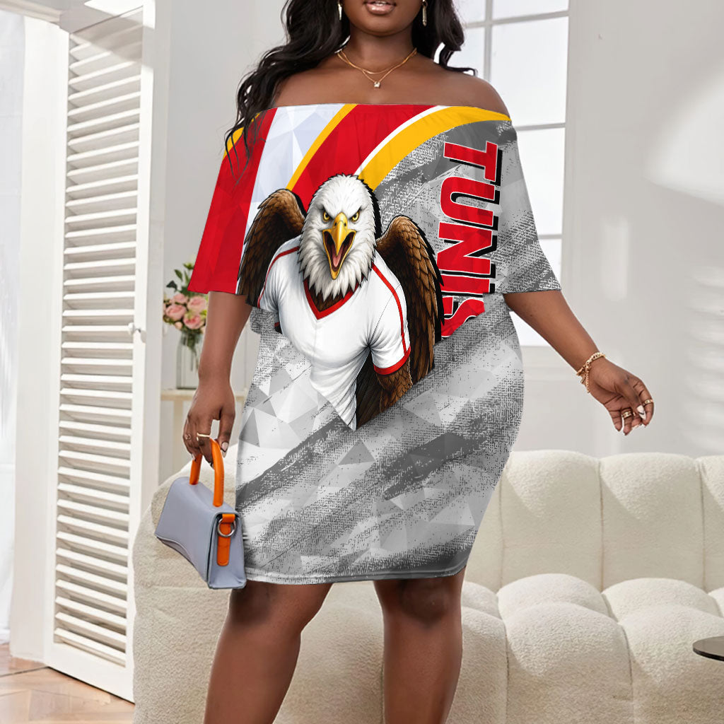 Personalized Tunisia Soccer Carthage Eagles Mascot Off Shoulder Short Dress Red And White Abstract Geometric Football Concept