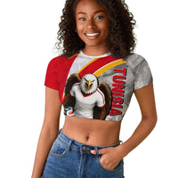 Personalized Tunisia Soccer Carthage Eagles Mascot Raglan Cropped T shirt Red And White Abstract Geometric Football Concept