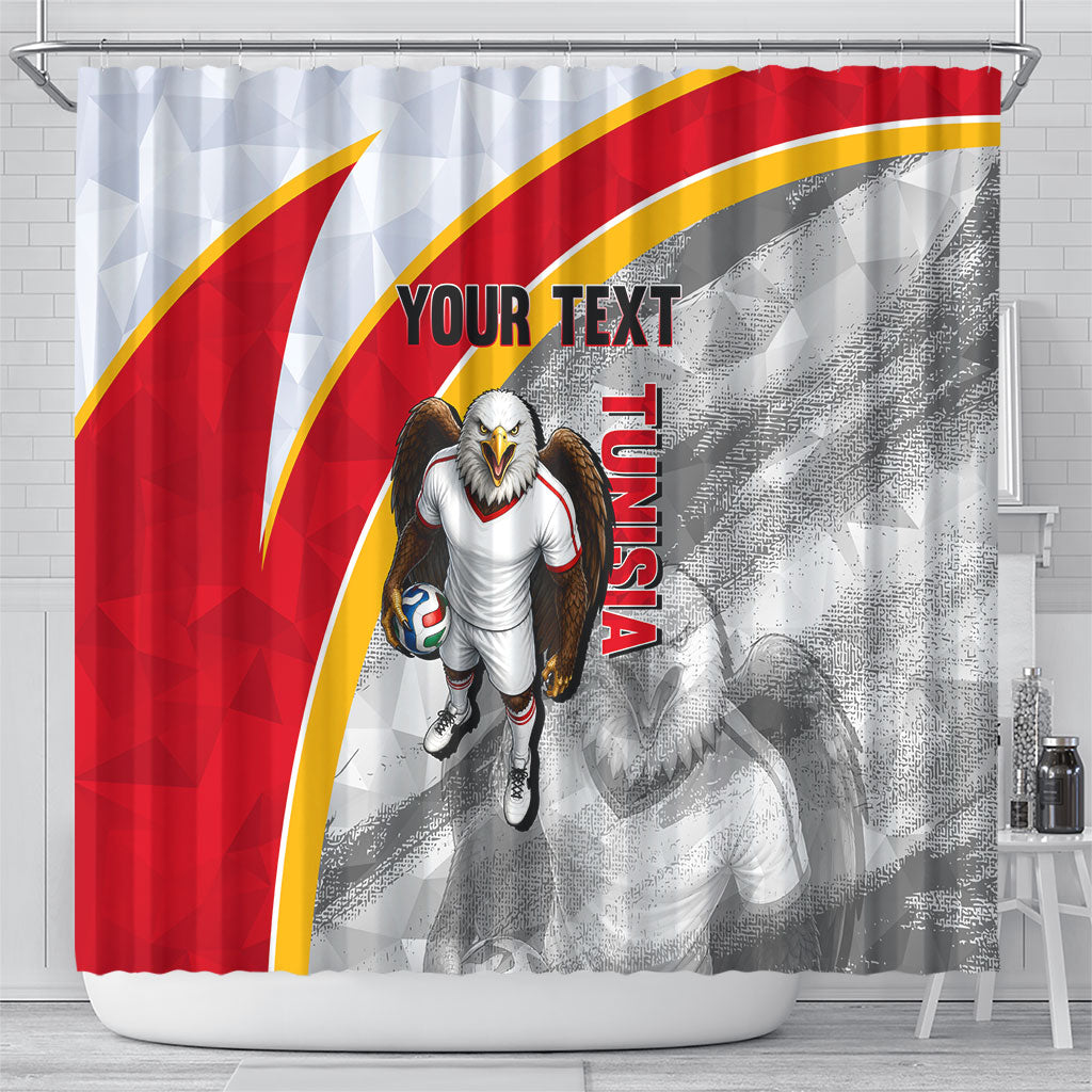 Personalized Tunisia Soccer Carthage Eagles Mascot Shower Curtain Red And White Abstract Geometric Football Concept