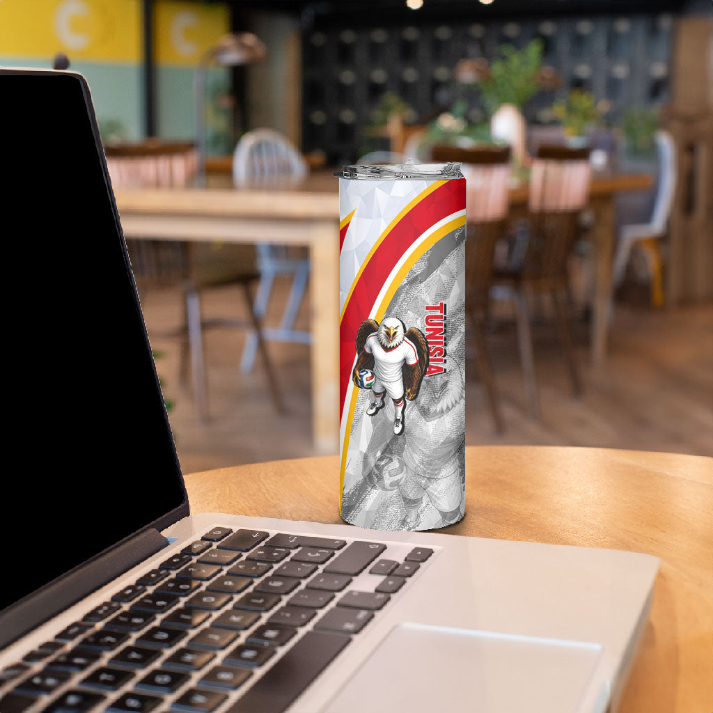 Personalized Tunisia Soccer Carthage Eagles Mascot Skinny Tumbler Red And White Abstract Geometric Football Concept