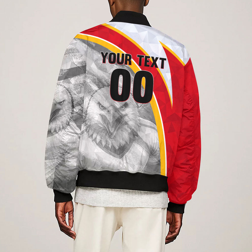 Personalized Tunisia Soccer Carthage Eagles Mascot Sleeve Zip Bomber Jacket Red And White Abstract Geometric Football Concept