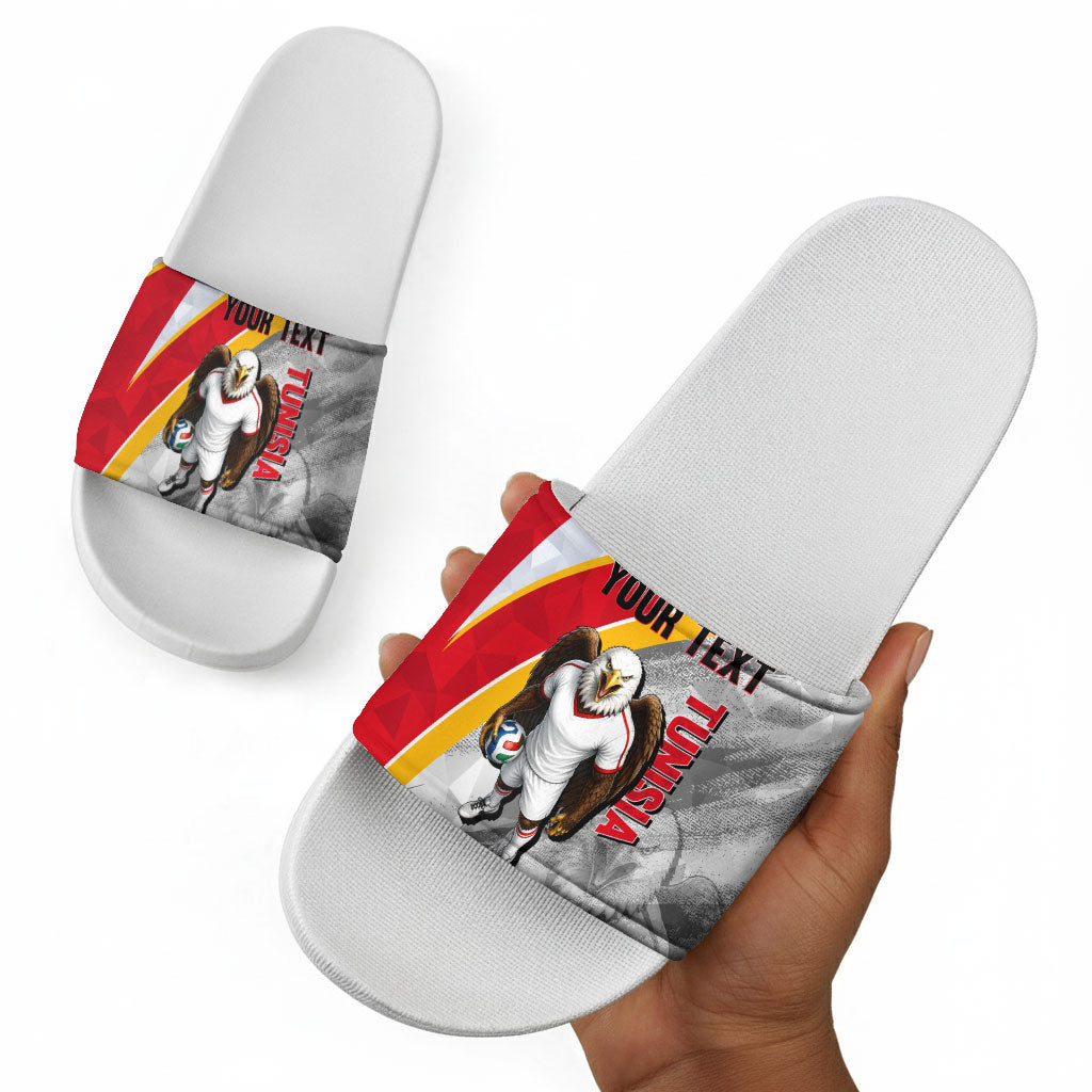 Personalized Tunisia Soccer Carthage Eagles Mascot Slide Sandals Red And White Abstract Geometric Football Concept