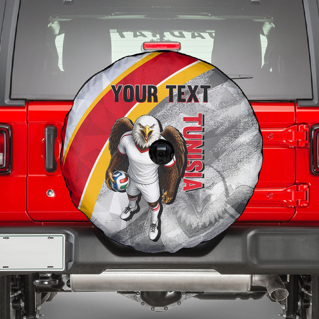 Personalized Tunisia Soccer Carthage Eagles Mascot Spare Tire Cover Red And White Abstract Geometric Football Concept