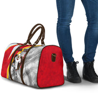 Personalized Tunisia Soccer Carthage Eagles Mascot Travel Bag Red And White Abstract Geometric Football Concept