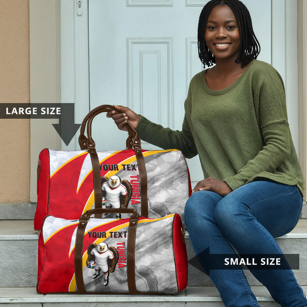 Personalized Tunisia Soccer Carthage Eagles Mascot Travel Bag Red And White Abstract Geometric Football Concept