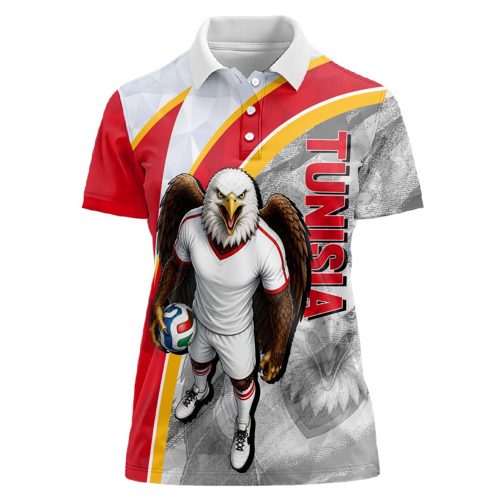 Personalized Tunisia Soccer Carthage Eagles Mascot Women Polo Shirt Red And White Abstract Geometric Football Concept