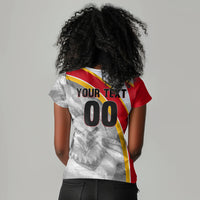Personalized Tunisia Soccer Carthage Eagles Mascot Women V-Neck T-Shirt Red And White Abstract Geometric Football Concept