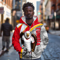 Personalized Tunisia Soccer Carthage Eagles Mascot Zip Hoodie Red And White Abstract Geometric Football Concept