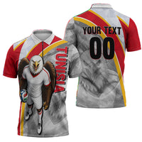 Personalized Tunisia Soccer Carthage Eagles Mascot Zipper Polo Shirt Red And White Abstract Geometric Football Concept