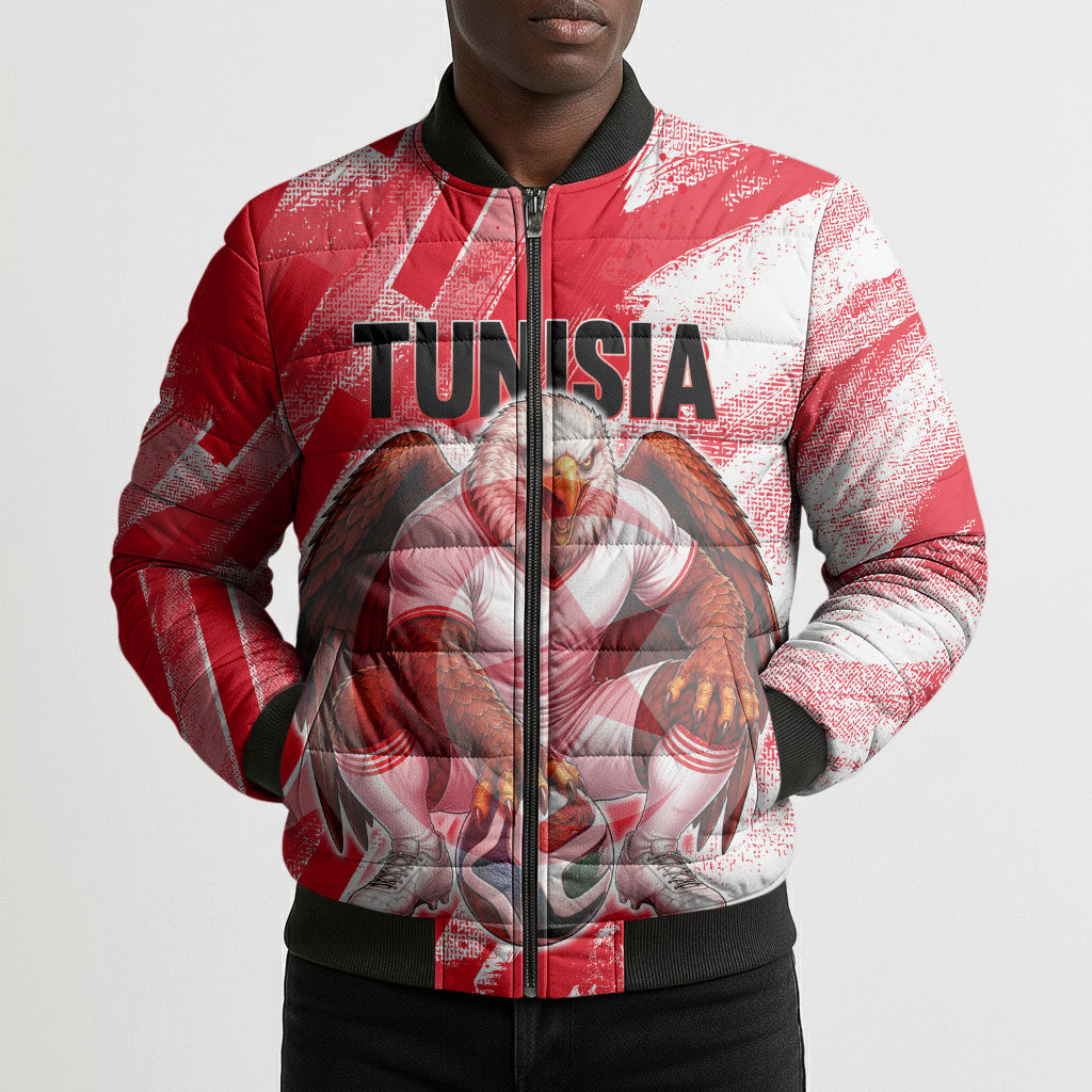 Personalized Tunisia Football Bomber Puffer Jacket Tunisian Flag Carthage Eagles Mascot Grunge Style