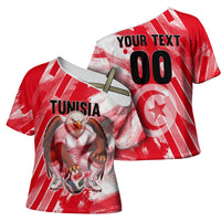 Personalized Tunisia Football Cross Shoulder Shirt Tunisian Flag Carthage Eagles Mascot Grunge Style