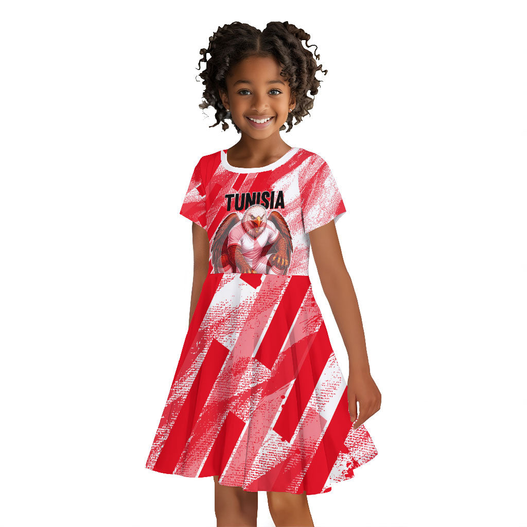 Personalized Tunisia Football Kid Short Sleeve Dress Tunisian Flag Carthage Eagles Mascot Grunge Style