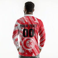 Personalized Tunisia Football Long Sleeve Polo Shirt Tunisian Flag Carthage Eagles Mascot Grunge Style