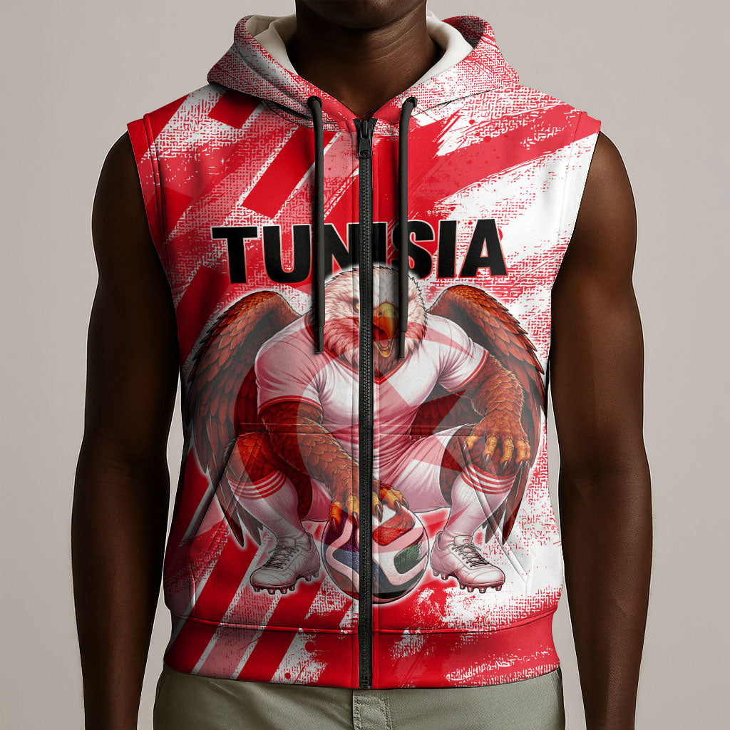 Personalized Tunisia Football Sleeveless Zip Hoodie Tunisian Flag Carthage Eagles Mascot Grunge Style