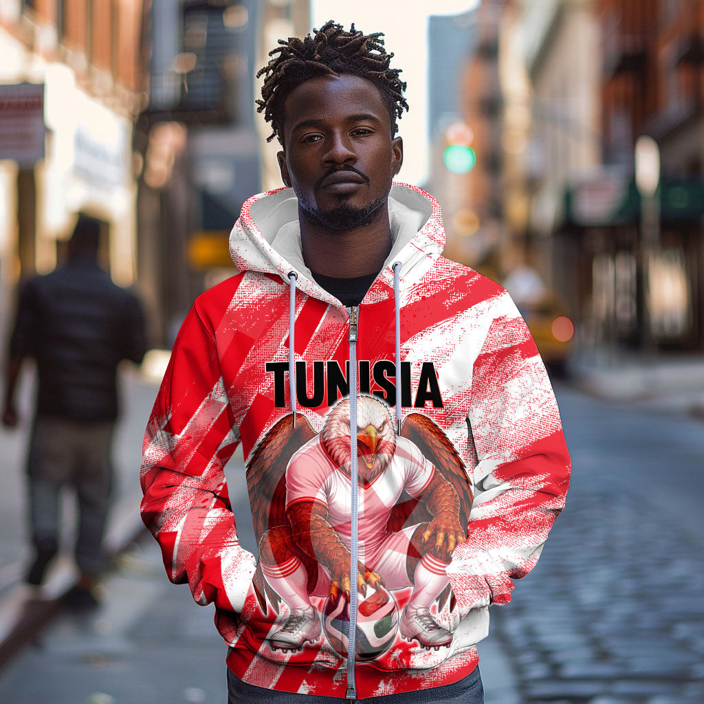 Personalized Tunisia Football Zip Hoodie Tunisian Flag Carthage Eagles Mascot Grunge Style