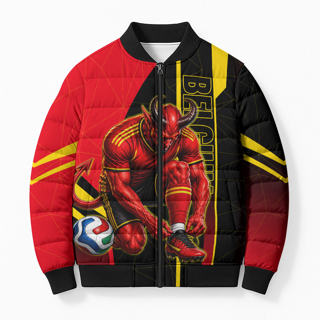 Personalized Belgium Soccer Red Devils Mascot Bomber Puffer Jacket Royal Belgian Football Geometric Simple Style