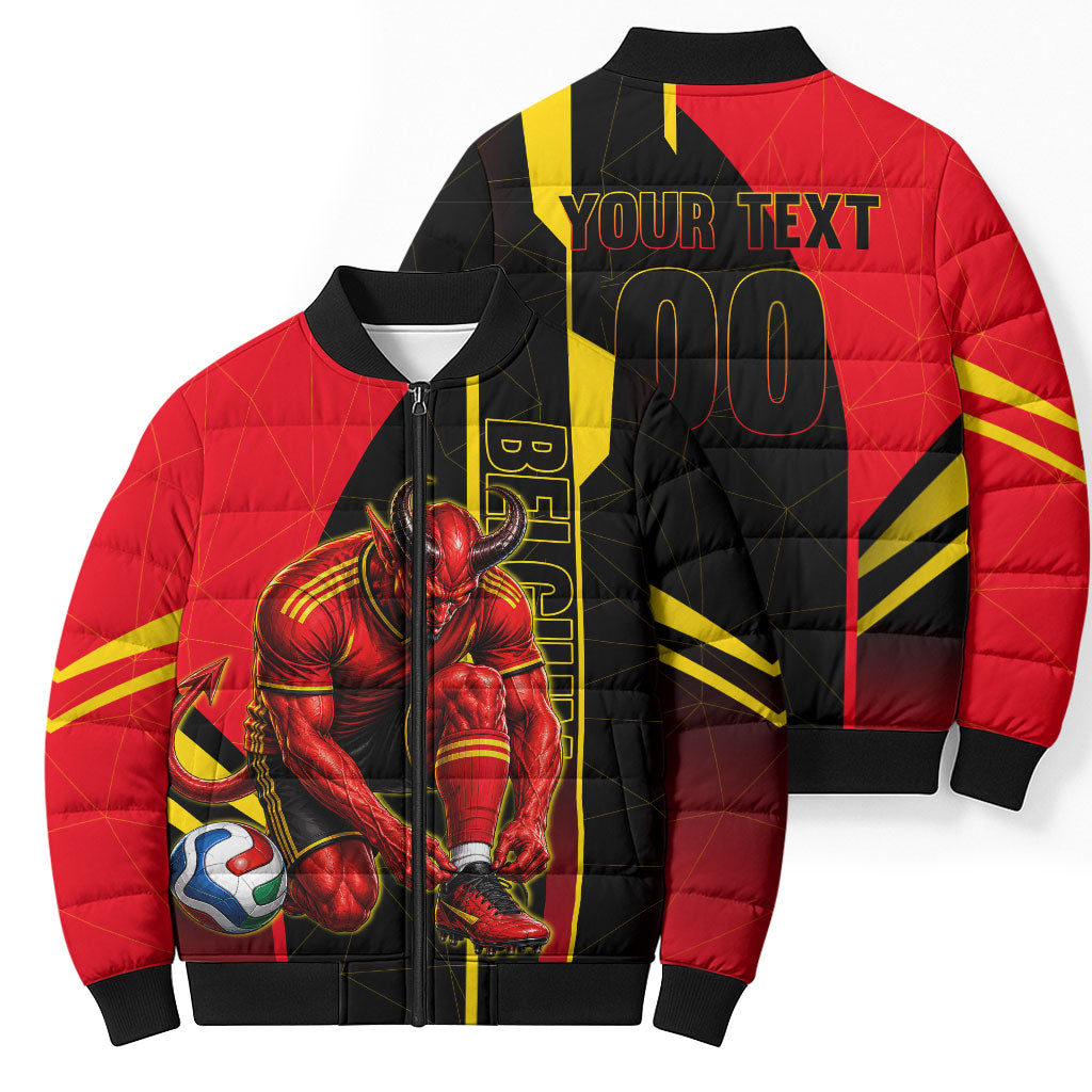 Personalized Belgium Soccer Red Devils Mascot Bomber Puffer Jacket Royal Belgian Football Geometric Simple Style