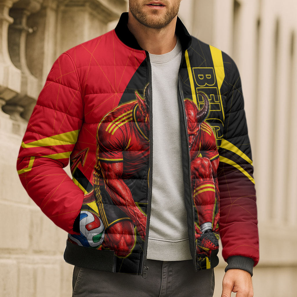 Personalized Belgium Soccer Red Devils Mascot Bomber Puffer Jacket Royal Belgian Football Geometric Simple Style
