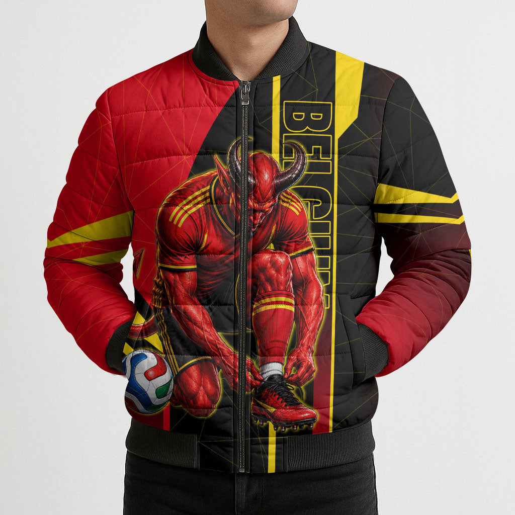 Personalized Belgium Soccer Red Devils Mascot Bomber Puffer Jacket Royal Belgian Football Geometric Simple Style