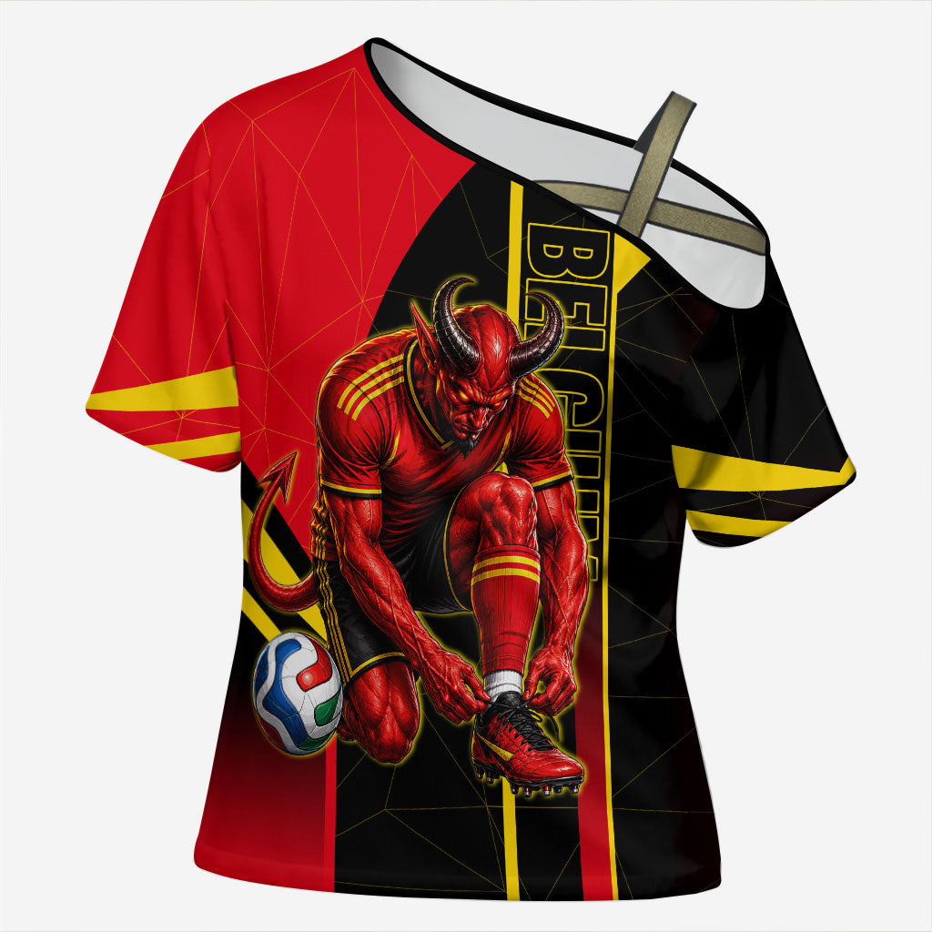 Personalized Belgium Soccer Red Devils Mascot Cross Shoulder Shirt Royal Belgian Football Geometric Simple Style