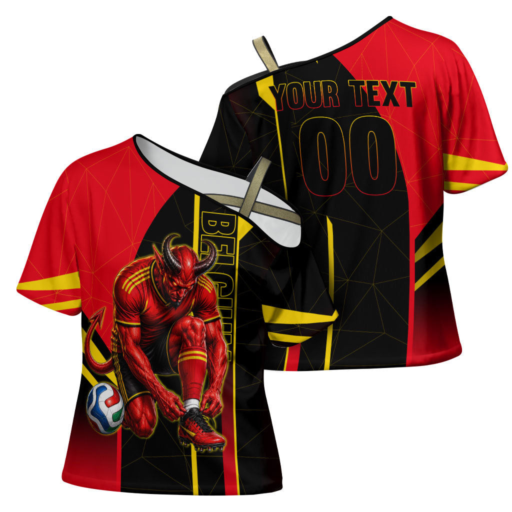Personalized Belgium Soccer Red Devils Mascot Cross Shoulder Shirt Royal Belgian Football Geometric Simple Style