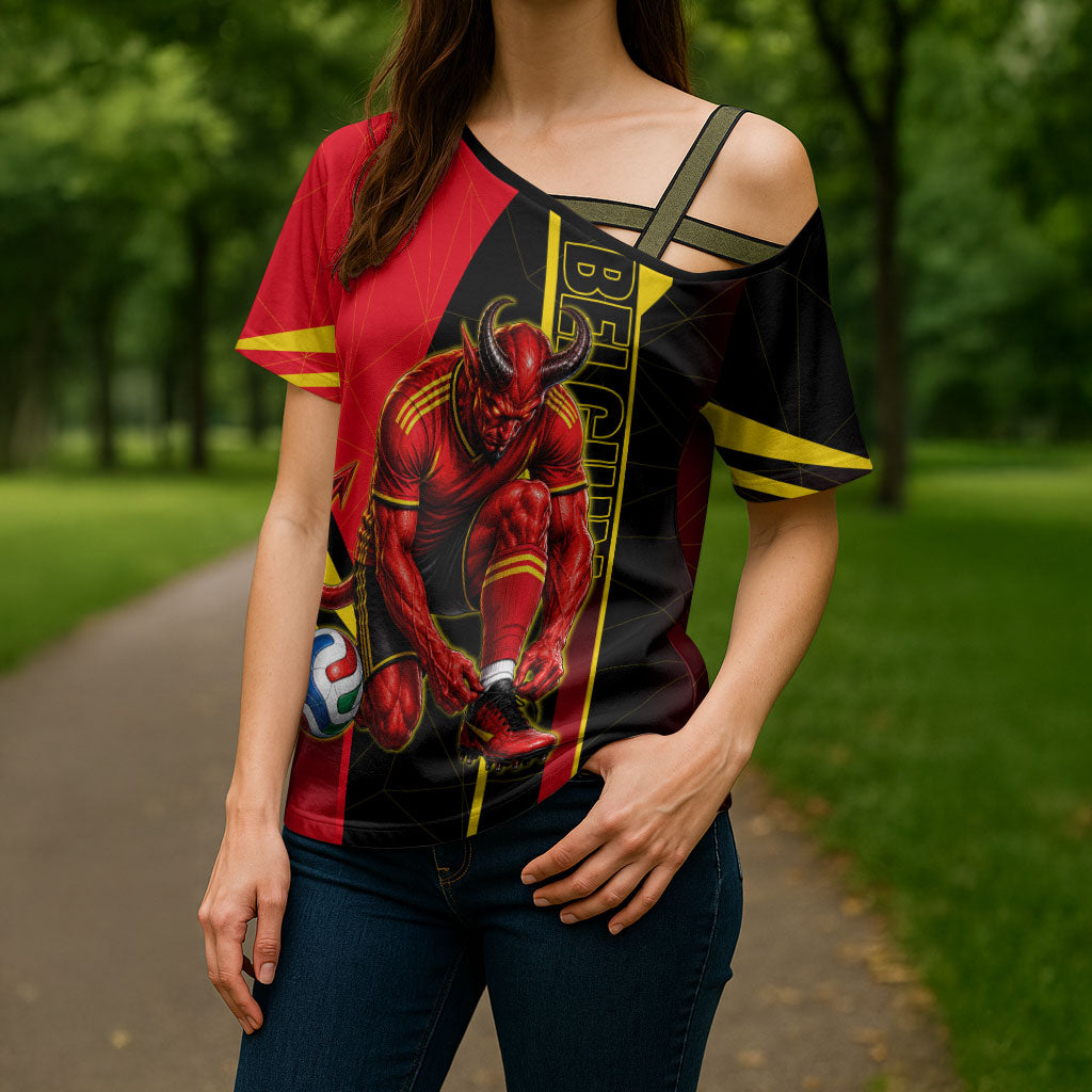 Personalized Belgium Soccer Red Devils Mascot Cross Shoulder Shirt Royal Belgian Football Geometric Simple Style