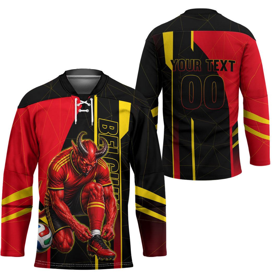 Personalized Belgium Soccer Red Devils Mascot Hockey Jersey Royal Belgian Football Geometric Simple Style